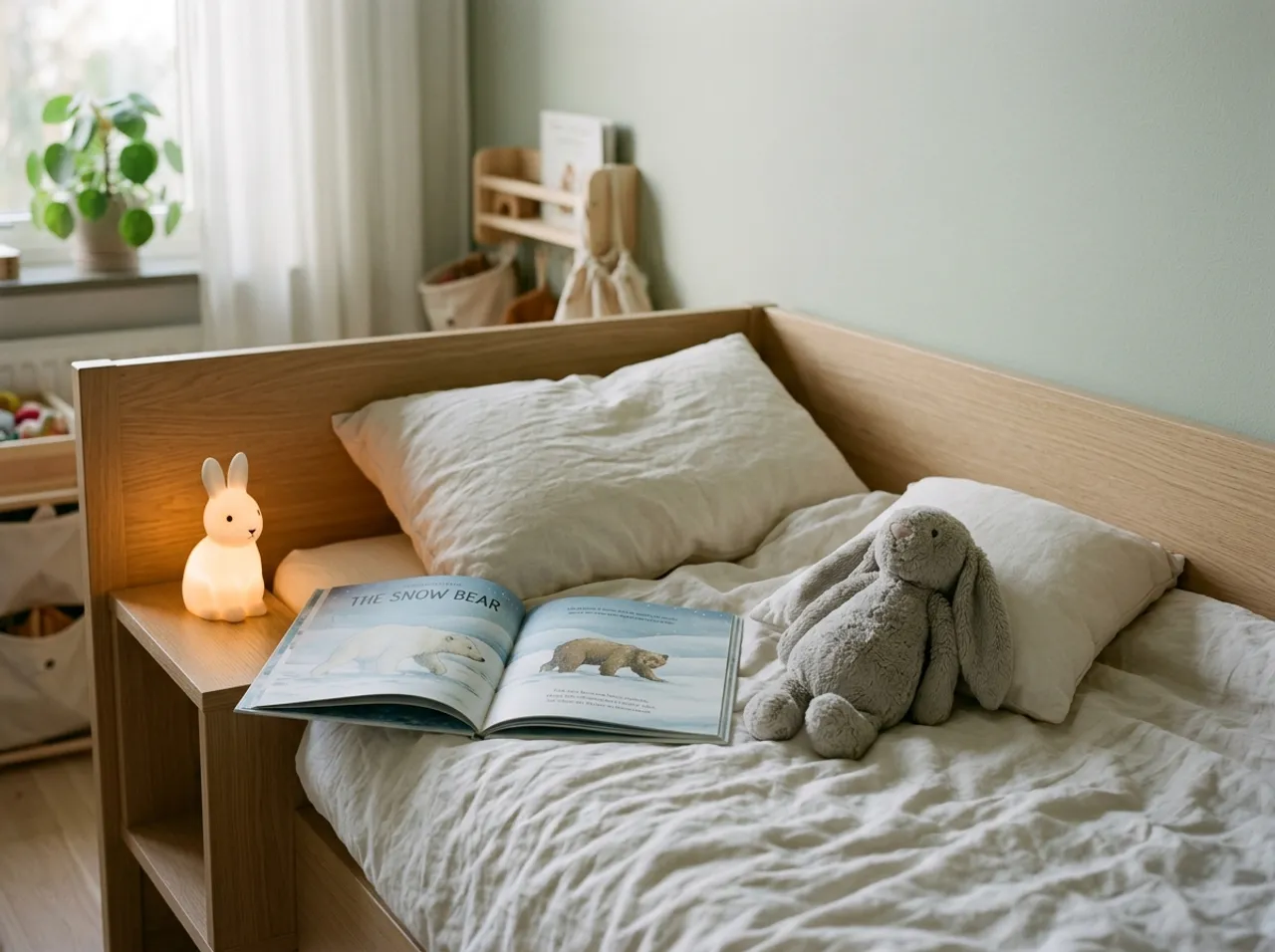 Helles Kinderbett mit Leinenbettwäsche, aufgeschlagenem Bilderbuch, Hasen-Nachtlicht und Stoffhase