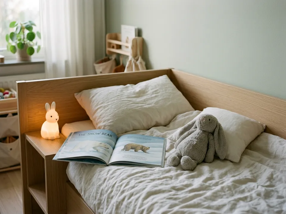Helles Kinderbett mit Leinenbettwäsche, aufgeschlagenem Bilderbuch, Hasen-Nachtlicht und Stoffhase