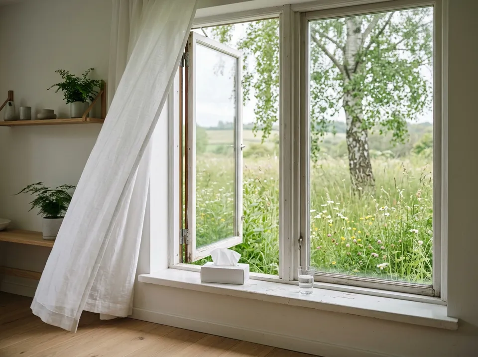 Offenes Fenster mit Blick auf Blumenwiese und Birke, davor Taschentücher und ein Wasserglas auf der Fensterbank
