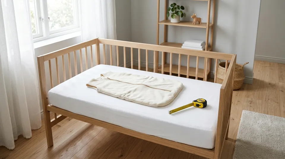 Cremefarbener Baby-Schlafsack liegt flach auf der Matratze eines Gitterbetts, daneben ein Maßband