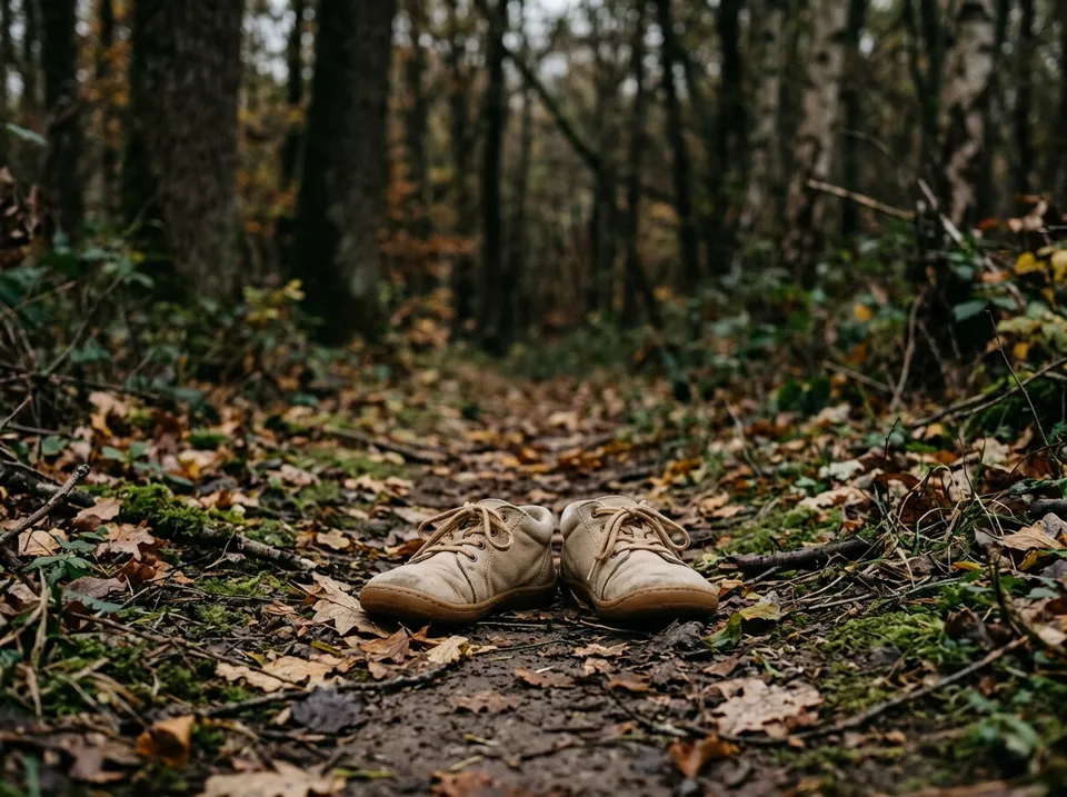 Flexible Barfußschuhe für Kinder mit breiter Zehenbox auf einem Waldweg