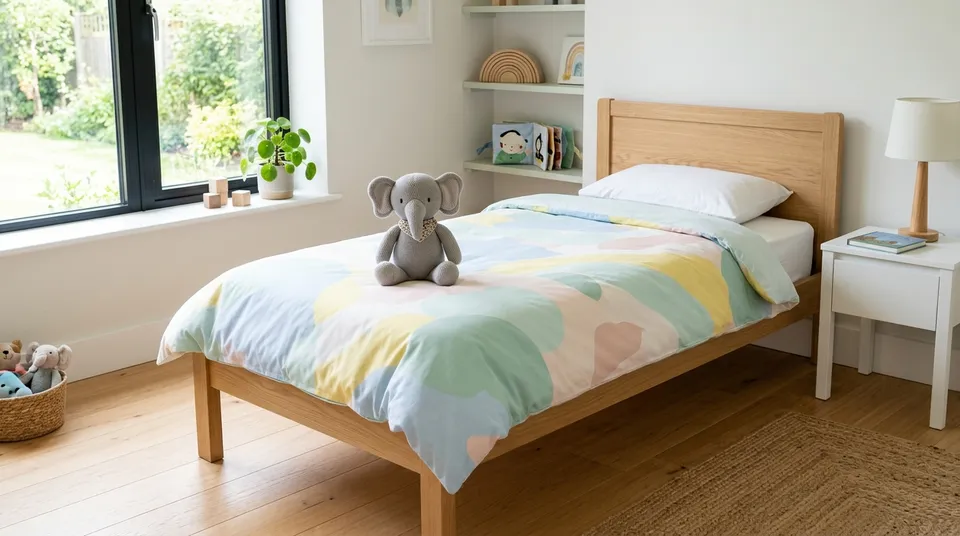 Gemachtes Kinderbett mit leichter pastellfarbener Bettdecke, flachem Kissen und Kuscheltier in einem hellen Kinderzimmer
