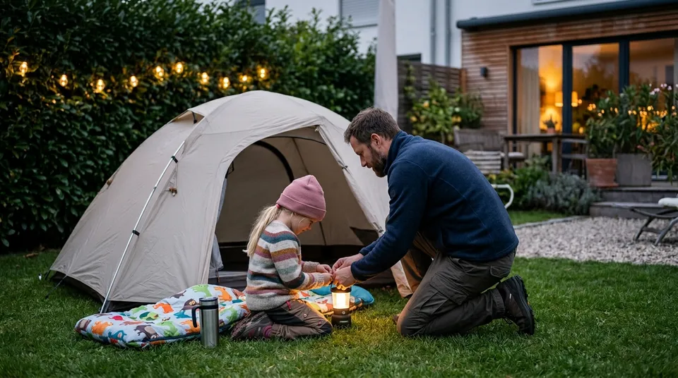 Vater und Tochter stellen am frühen Abend im Garten vor einem hellen Kuppelzelt gemeinsam eine kleine Laterne auf