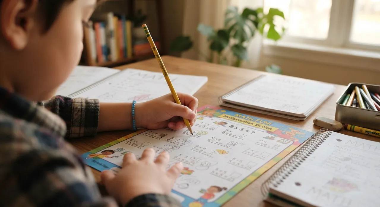 Kinderhand schreibt Einmaleins-Aufgaben auf ein Übungsblatt am Schreibtisch