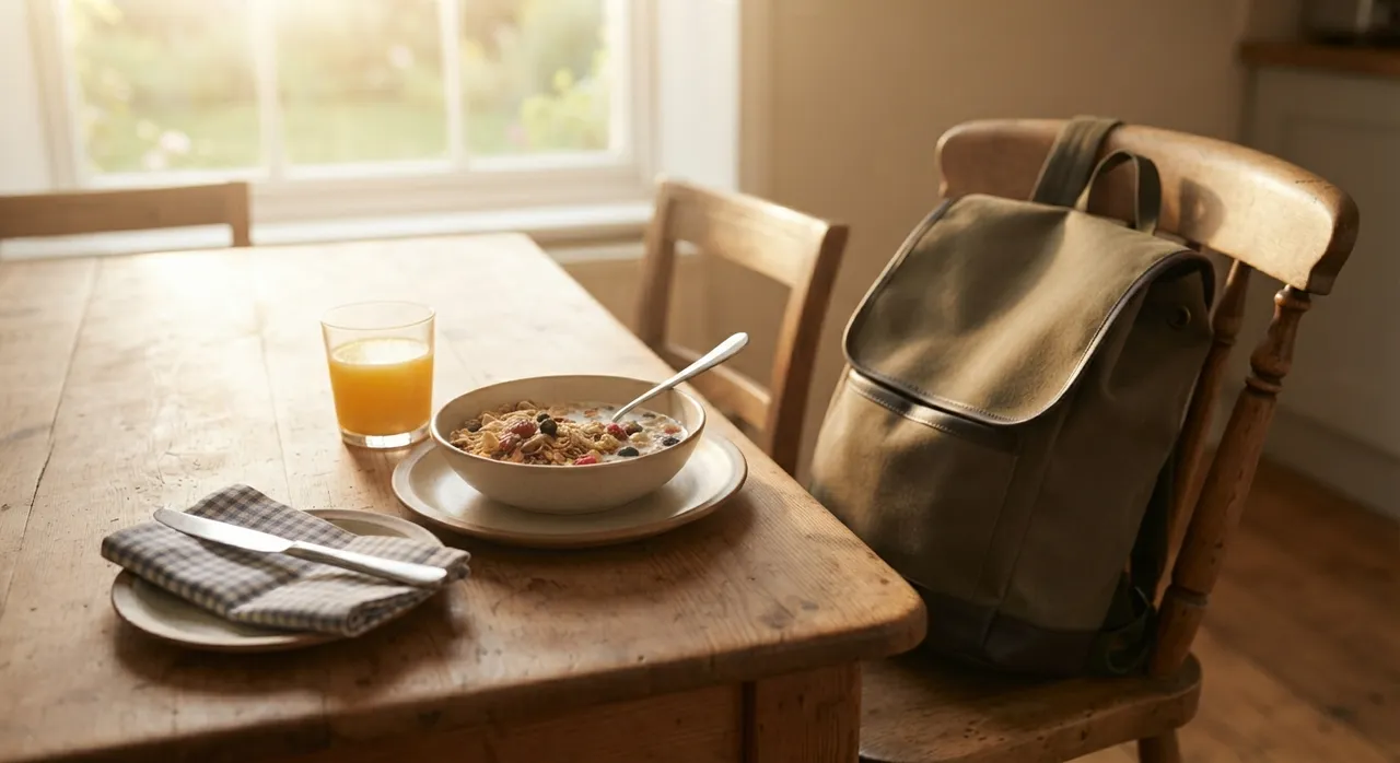 Ein Frühstückstisch am Morgen mit Müslischale und Orangensaft, an einem Stuhl lehnt ein Schulranzen