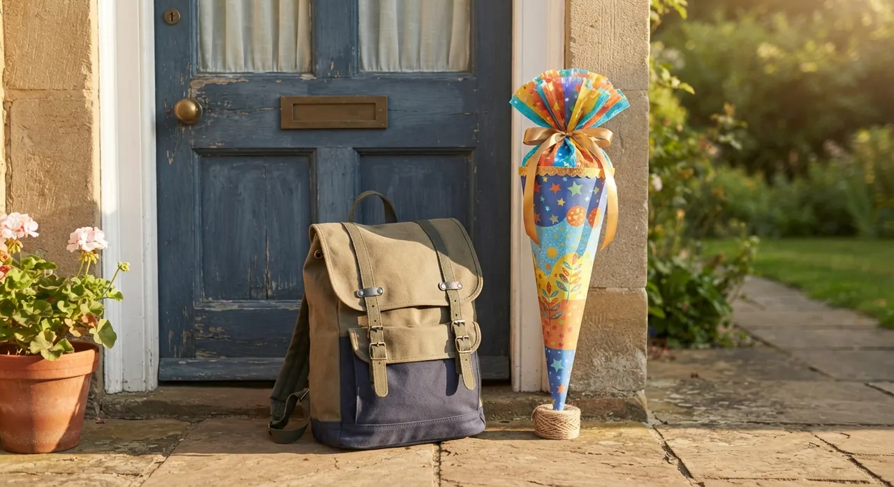 Ein Schulranzen und eine bunte Schultüte stehen am Morgen der Einschulung neben einer Haustür