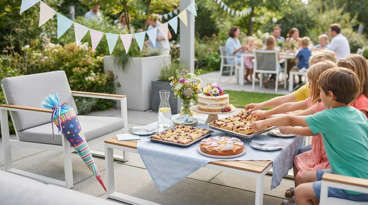 Gartentisch mit Blechkuchen, Torte und bunter Schultüte, Kinder greifen nach dem Kuchen