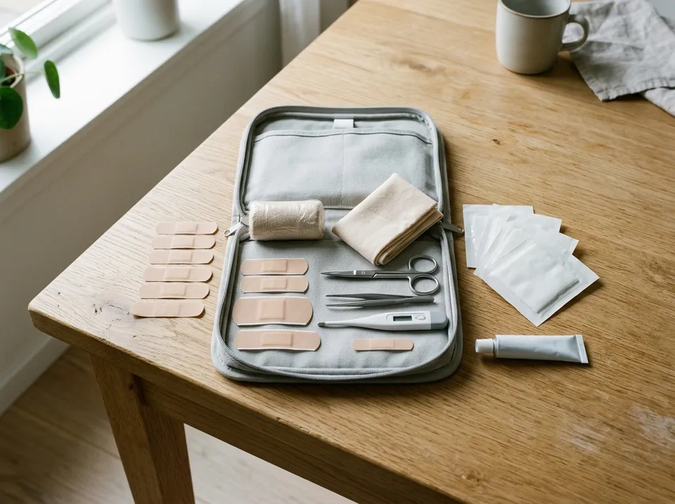 Geöffnetes Erste-Hilfe-Set mit Pflastern, Verbandmaterial, Schere, Pinzette und Thermometer auf einem Holztisch
