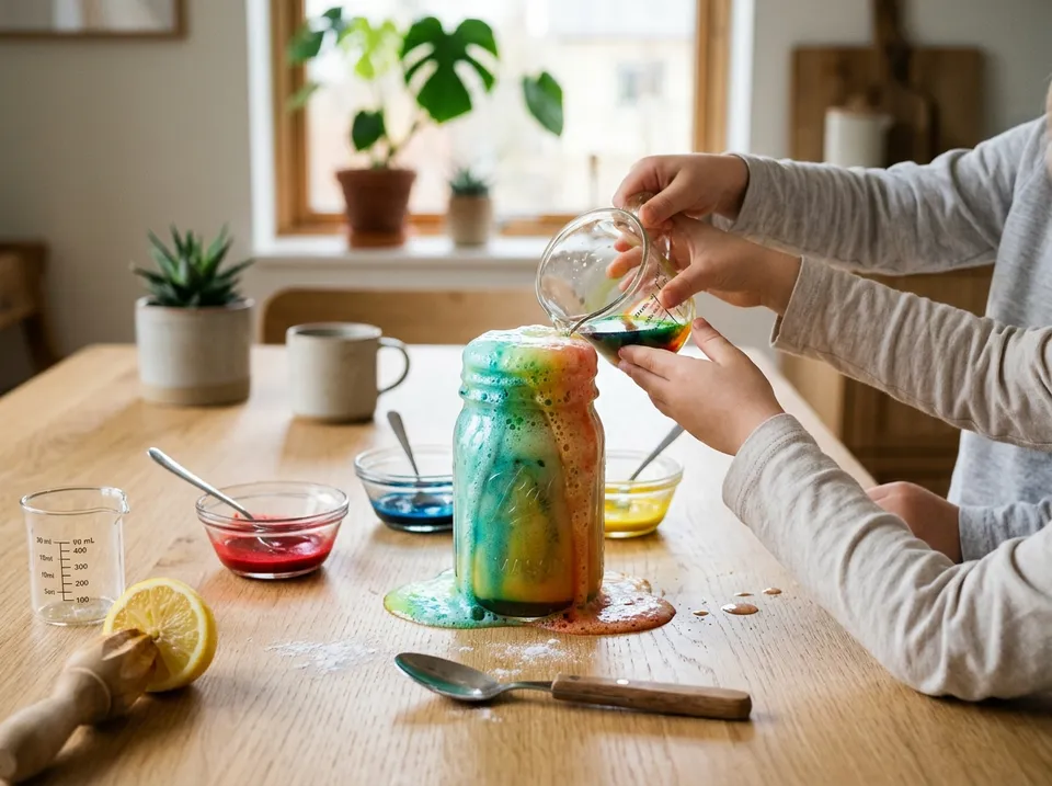 Kinderhände gießen Flüssigkeit in ein überschäumendes Glas, daneben Schälchen mit Lebensmittelfarbe auf dem Küchentisch