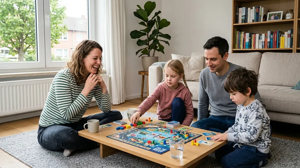Familie mit zwei Kindern spielt auf dem Wohnzimmerteppich ein Brettspiel