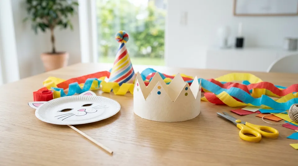 Selbst gebastelte Papierkrone, Pappteller-Katzenmaske am Stab, Partyhut und Krepppapier-Girlanden auf einem hellen Holztisch