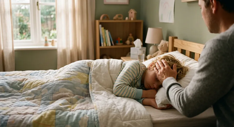 Elternhand prüft sanft die Stirn eines im Bett liegenden Kindes