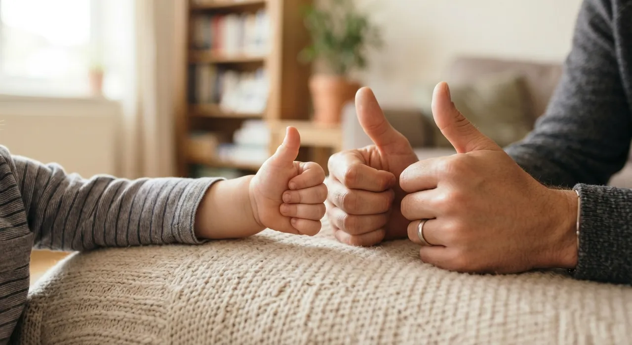 Hände eines Erwachsenen und eines Kleinkinds auf einer Sofadecke, beide strecken die Daumen hoch wie zwei Figuren aus einem Fingerspiel