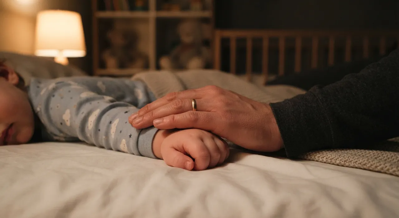 Abends im Kinderbett: Die Hand eines Erwachsenen liegt wie eine Decke über der locker geschlossenen Hand eines Kleinkinds