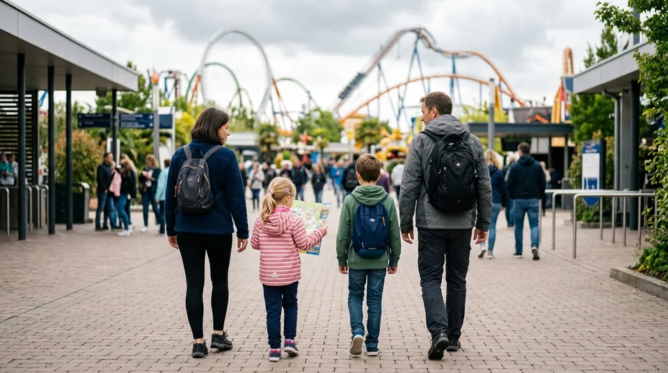 Familie mit zwei Kindern von hinten auf dem Weg durch den Eingangsbereich eines Freizeitparks, im Hintergrund Achterbahnen