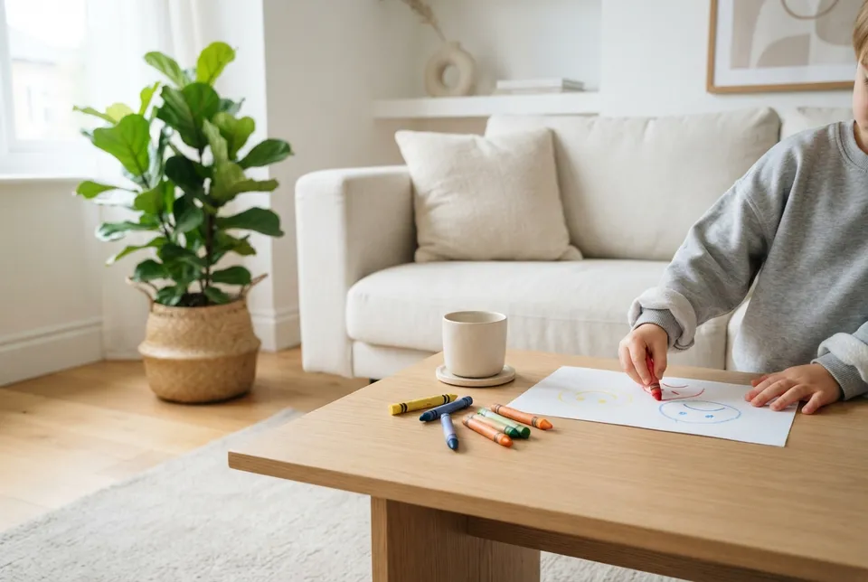 Kinderhände malen an einem hellen Couchtisch in einem modernen Wohnzimmer drei Gesichter mit Wachsmalstiften: ein wütendes in Rot, ein fröhliches in Gelb und ein trauriges in Blau