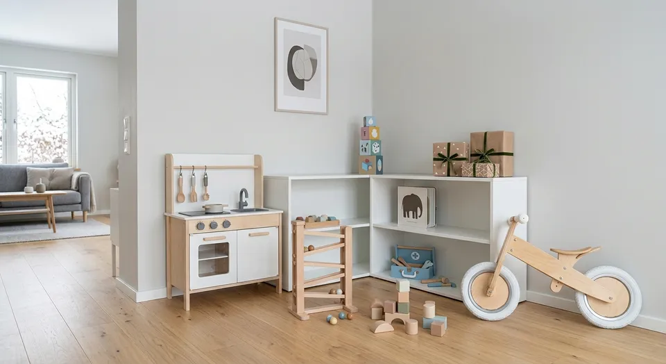 Helle Spielecke mit Holz-Spielküche, Regal mit Spielsachen und einem Laufrad aus Holz