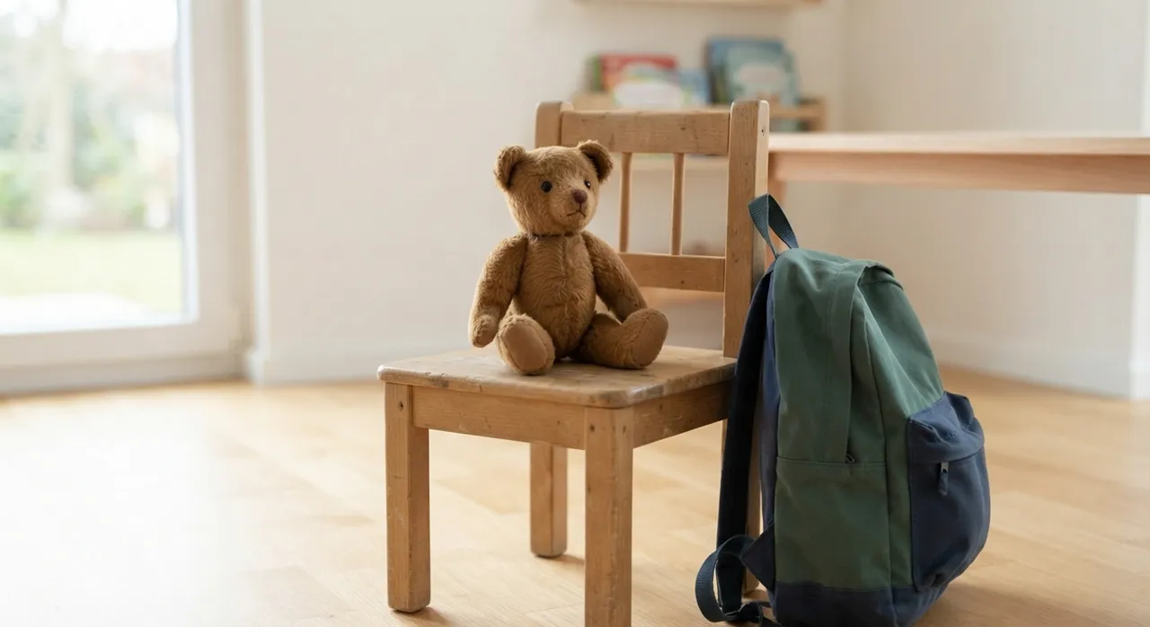 Ein kleiner Stoffbär sitzt neben einem Schulranzen auf einem Kinderstuhl