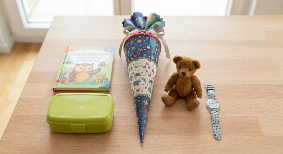 Auf einem Holztisch liegen ein Erstlesebuch, eine Brotdose, eine Kinderuhr und ein Kuscheltier neben einer bunten Schultüte