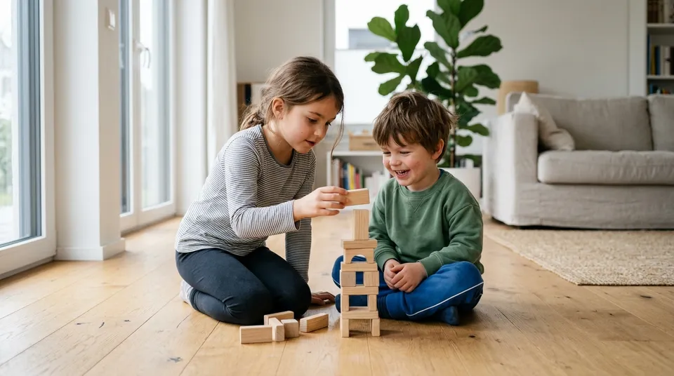 Zwei Geschwister bauen gemeinsam einen Turm aus Holzklötzen auf dem Wohnzimmerboden