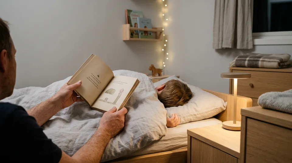 Elternteil liest einem Kind im Bett aus einem aufgeschlagenen Bilderbuch vor, daneben eine kleine Nachttischlampe