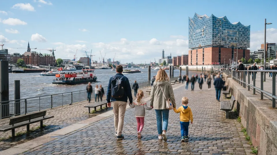 Eine Familie mit zwei kleinen Kindern geht von hinten gesehen an der Hamburger Hafenpromenade entlang, im Hintergrund Elbphilharmonie und Fähre