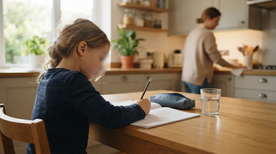 Ein Grundschulkind schreibt am Küchentisch in ein Heft, im Hintergrund räumt ein Erwachsener die Küche auf