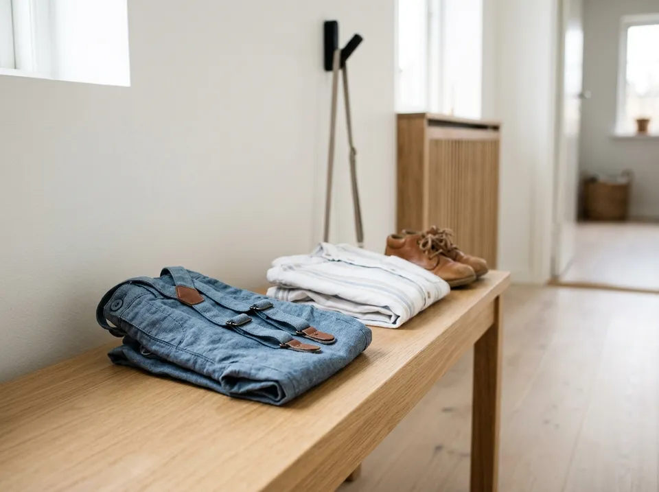 Kinderhose mit Hosenträgern, Hemd und Lederschuhe auf einer hellen Holzbank