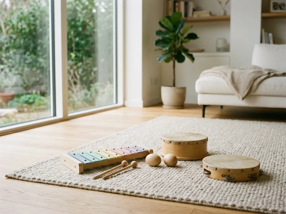 Xylophon, Handtrommel, Tamburin und Rasseleier auf einem hellen Teppich im Wohnzimmer