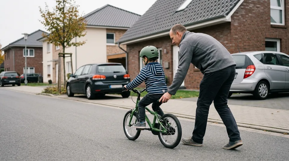 Vater hält den Sattel eines kleinen Kinderfahrrads, auf dem ein Junge mit Helm die ersten Meter fährt