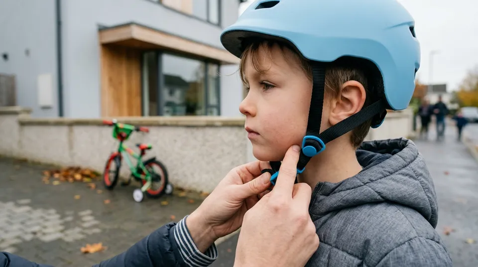 Elternteil prüft den Sitz des Kinnriemens am hellblauen Fahrradhelm eines Jungen