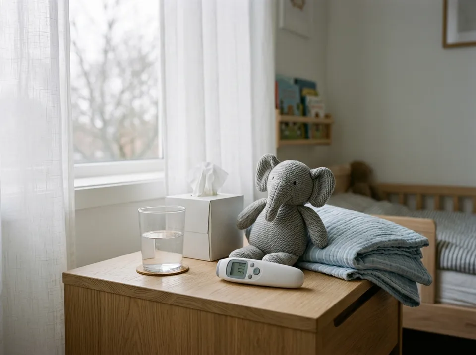Nachttisch im Kinderzimmer mit Fieberthermometer, Wasserglas, Taschentüchern, Decke und Stoff-Elefant