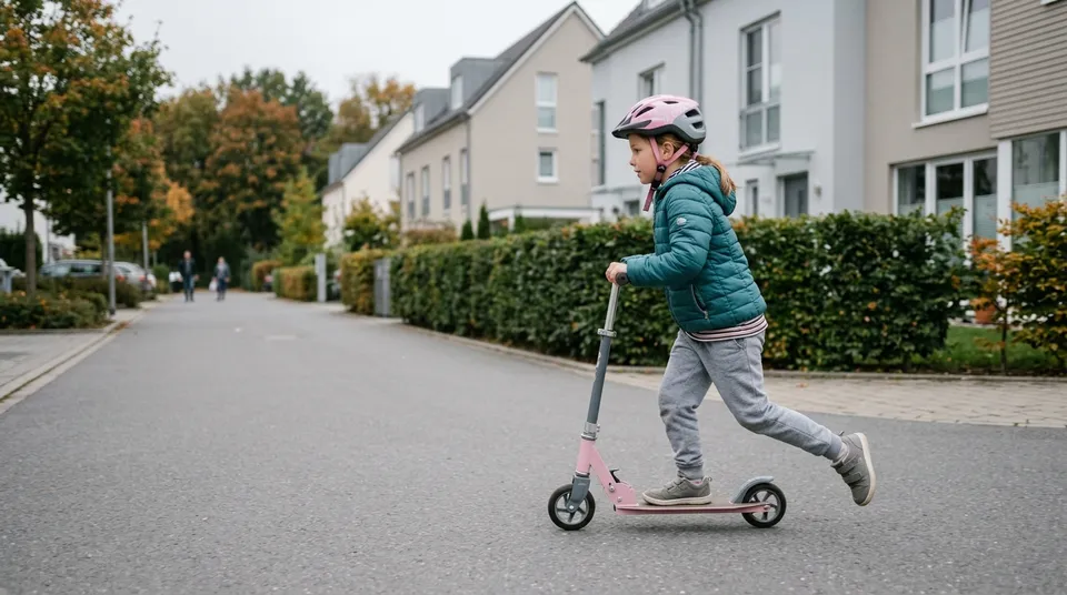 Mädchen mit Helm fährt auf einem Kinderroller über einen glatten Weg in einer Wohnsiedlung