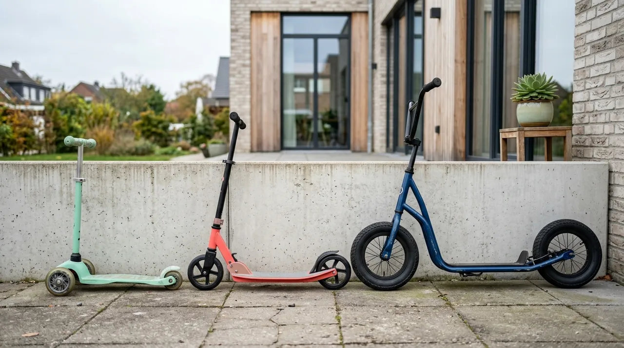 Drei Kinderroller in unterschiedlicher Größe – ein Dreirad-Roller, ein Zweirad-Roller und ein Roller mit Luftreifen – lehnen an einer Betonmauer