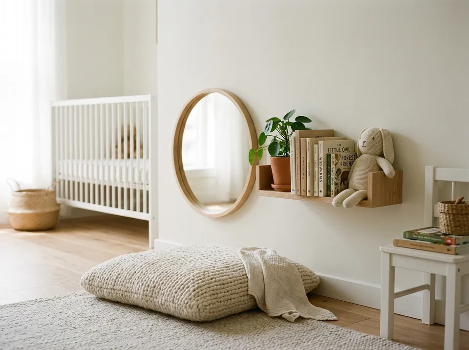 Ruhige Kinderzimmerecke mit rundem Wandspiegel, Bücherregal, Stoffhase und Bodenkissen