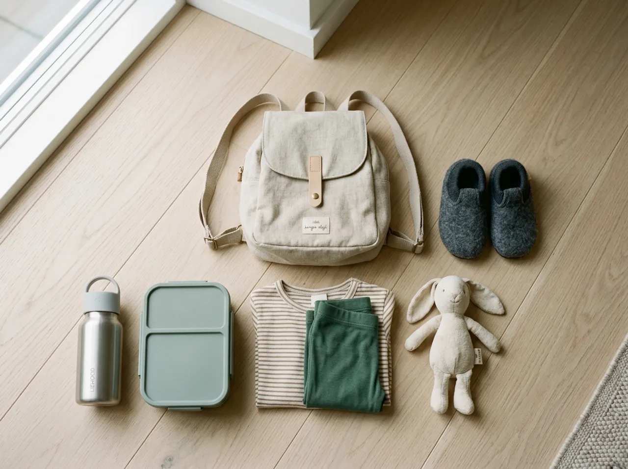 Ausstattung für den Kita-Start: Rucksack, Hausschuhe, Wechselkleidung, Trinkflasche, Brotdose und Kuscheltier auf Holzboden
