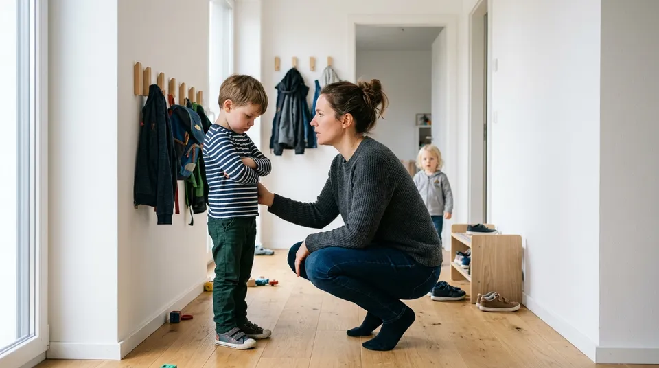 Elternteil hockt im Flur auf Augenhöhe vor einem trotzigen Jungen und spricht ruhig mit ihm
