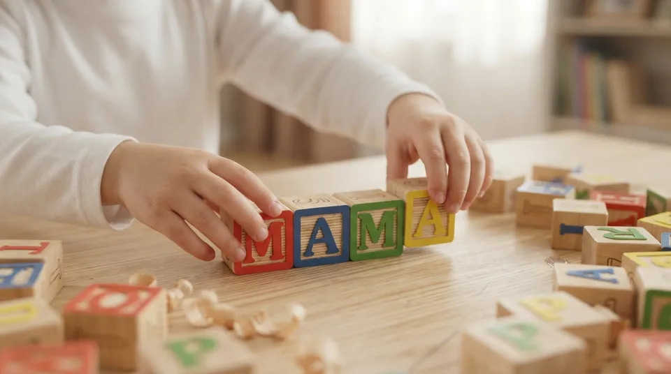 Kinderhände legen auf einem Holztisch Buchstaben aus bunten Holzklötzen zu einem kurzen Wort