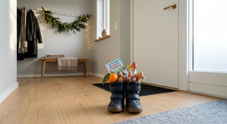 Kleine Kinder-Winterstiefel im hellen Flur, gefüllt mit Mandarine, Walnüssen, Bilderbuch, Holzspielzeug und einem Schokoladennikolaus