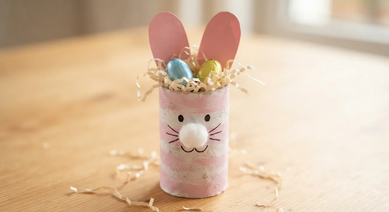 Hase aus einer bemalten Klopapierrolle mit rosa Papierohren, aufgemaltem Gesicht und Wattenase, aus dem zwei kleine Schokoeier schauen