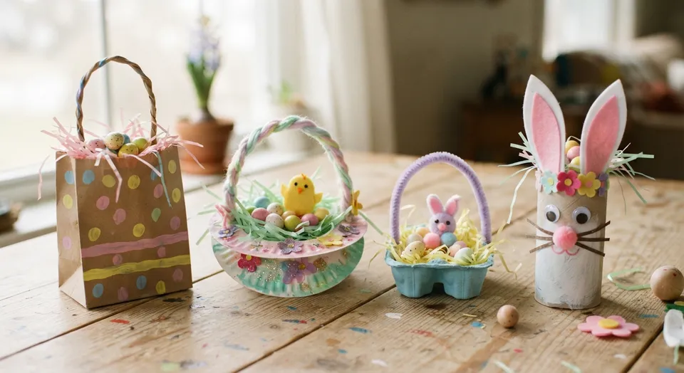 Vier selbstgebastelte Osterkörbchen auf einem hellen Holztisch: bemalte Papiertüte, Körbchen aus Papptellern, Eierkarton mit Henkel und ein Hase aus der Klopapierrolle