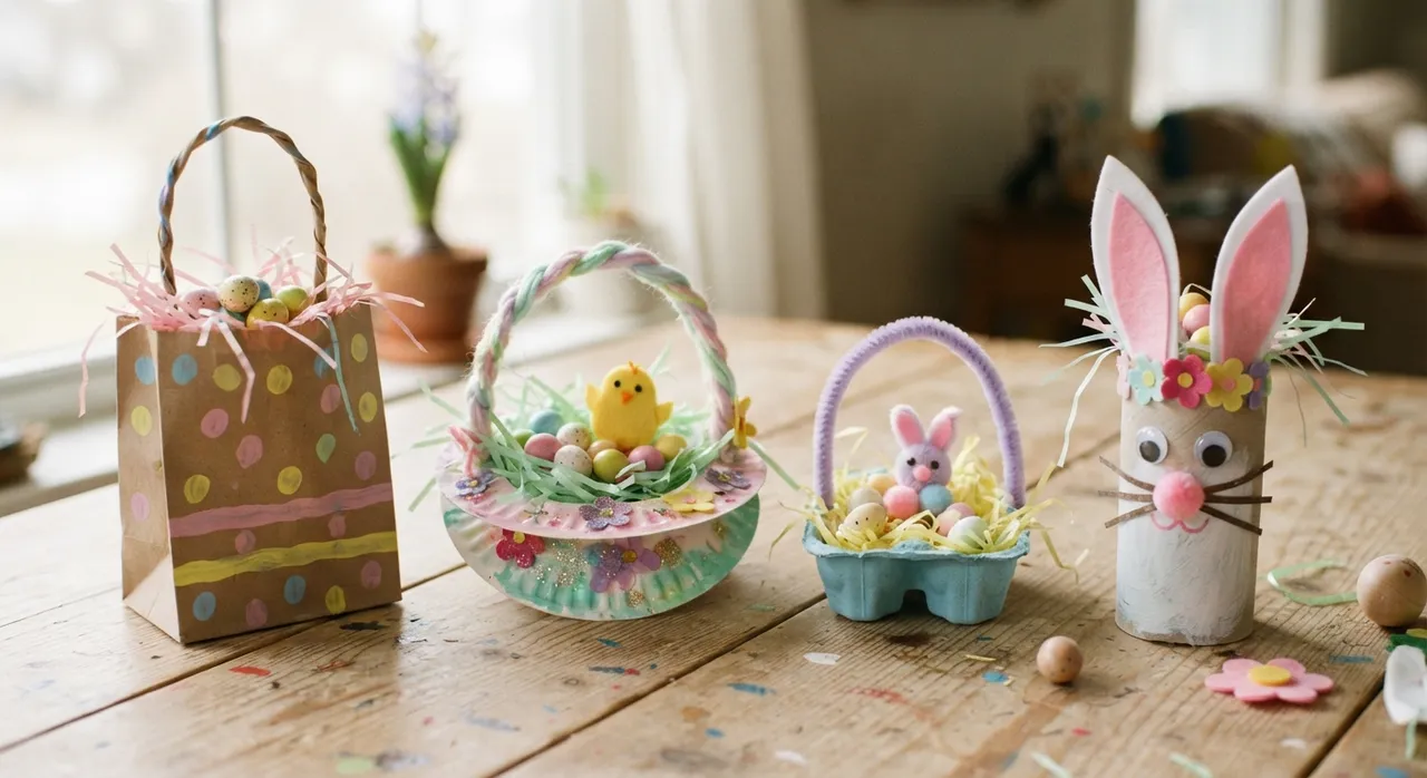 Vier selbstgebastelte Osterkörbchen auf einem hellen Holztisch: bemalte Papiertüte, Körbchen aus Papptellern, Eierkarton mit Henkel und ein Hase aus der Klopapierrolle