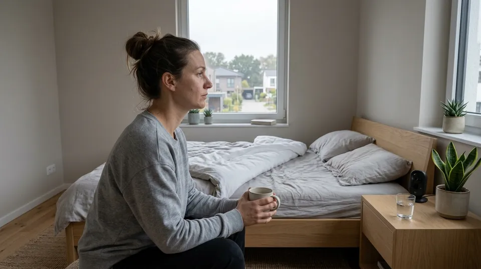Müde Mutter sitzt am frühen Morgen mit einer Tasse auf der Bettkante, auf dem Nachttisch ein Babyphone