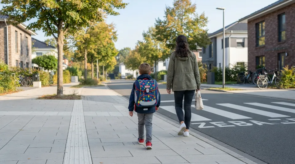 Ein Schulkind mit Rucksack geht an einem Herbstmorgen auf dem Gehweg, ein Erwachsener geht daneben, rechts ein Zebrastreifen