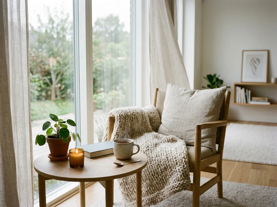 Ruhige Leseecke mit Sessel, Strickdecke, Tee, Buch und Kerze am Fenster