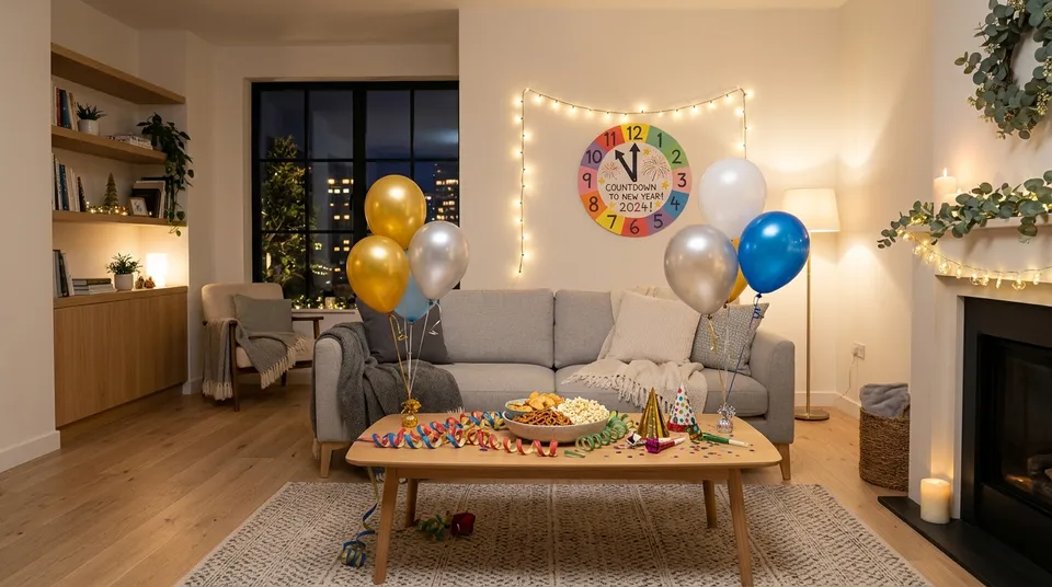 Wohnzimmer an Silvester mit Girlande, Luftballons, Snackschalen und einer selbstgebastelten Countdown-Uhr an der Wand