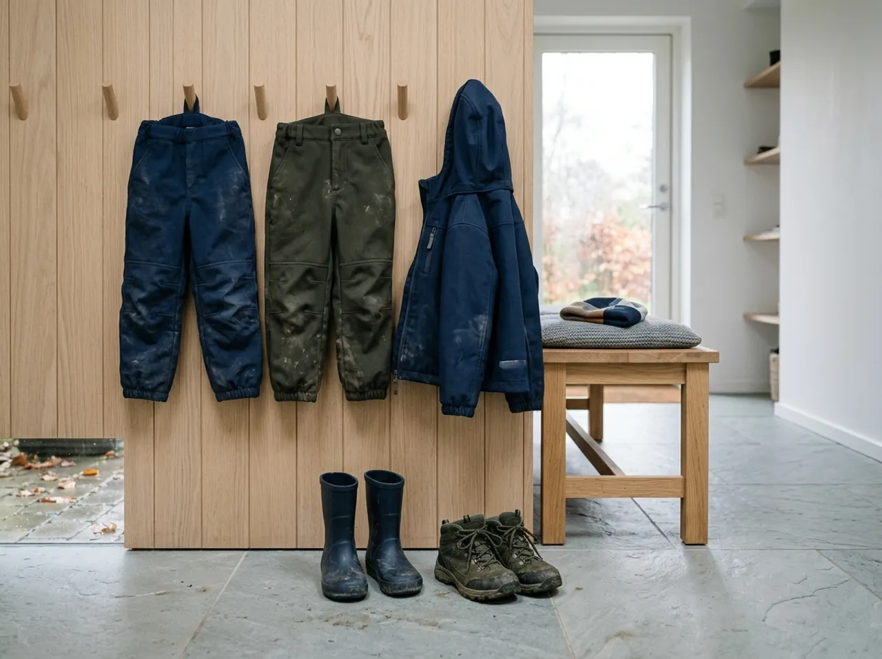 Zwei Softshellhosen und eine Jacke für Kinder an Wandhaken, darunter Gummistiefel und Wanderschuhe