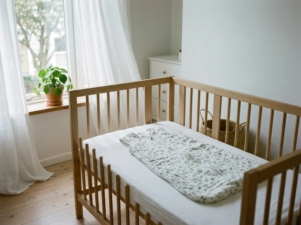 Leichter Sommerschlafsack aus Musselin auf der Matratze eines Babybetts