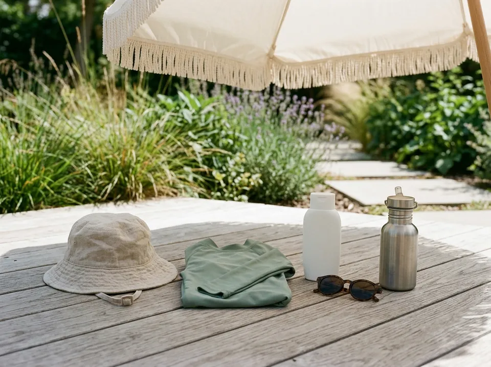 Kinder-Sonnenhut, UV-Shirt, Sonnencreme, Sonnenbrille und Trinkflasche auf einer Holzterrasse im Schatten eines Sonnenschirms