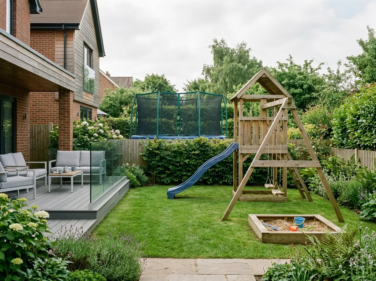 Spielgeräte im Garten: Holz-Klettergerüst mit Rutsche, Schaukel, Sandkasten und Trampolin